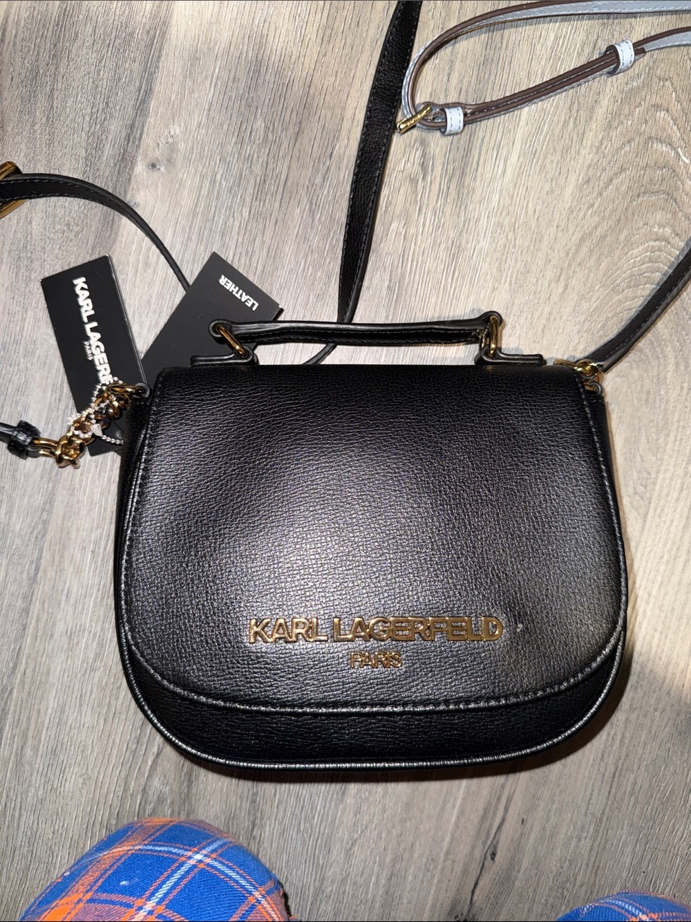 NWT $228 Karl Lagerfeld Black Leather Saddle Crossbody with Gold Logo